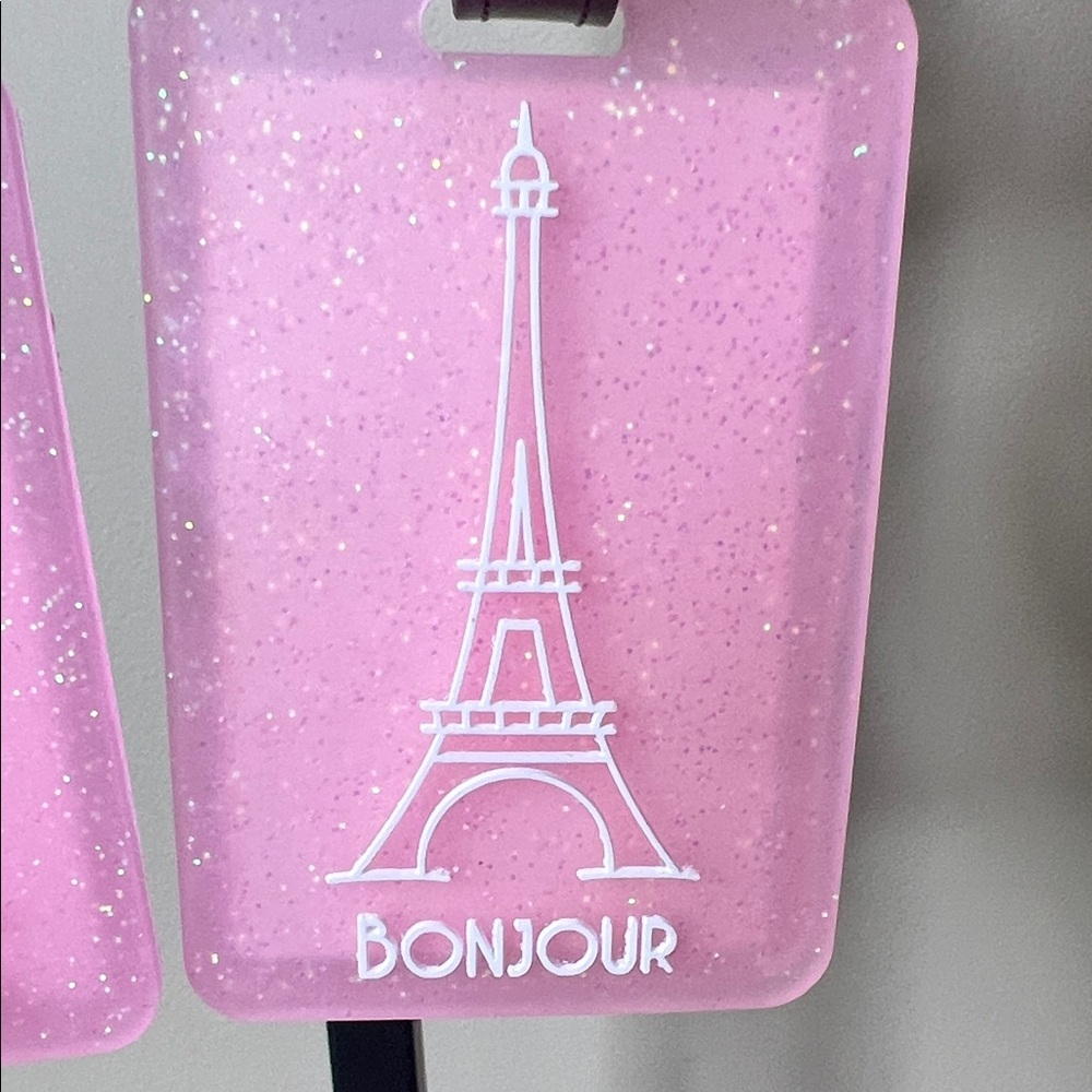 Elle | Glitter Pink Bonjour Luggage Tags - Picture 3 of 8